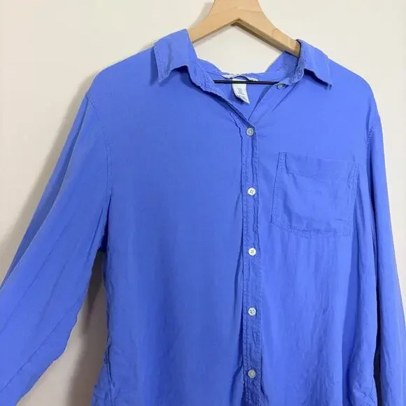 H&M Linen Blend Button Down Shirt Size M Blue Coastal Basic - Picture 3 of 7